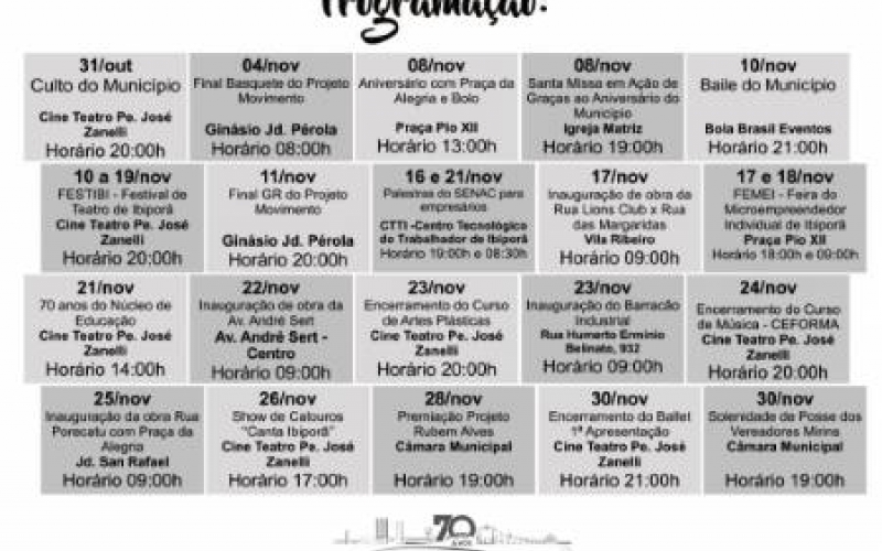 Programação dos 70 Anos